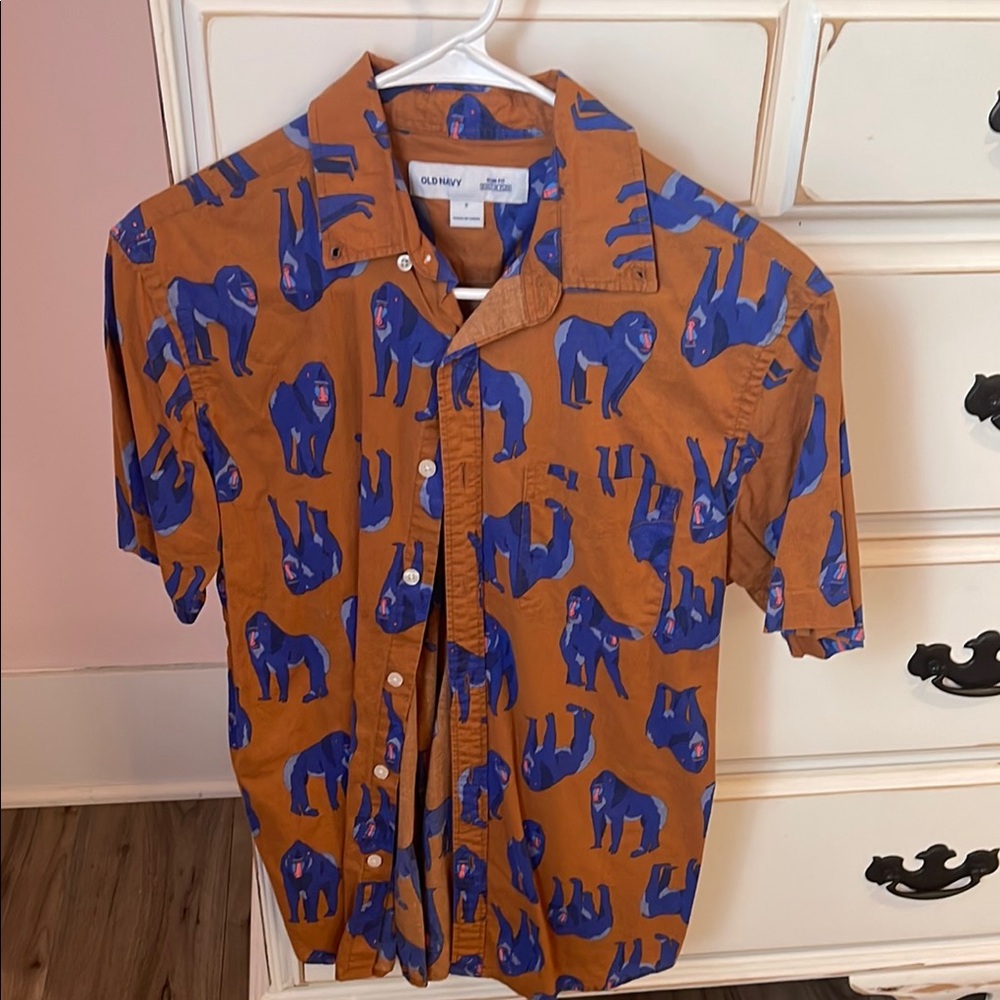 Old Navy Orange and Blue Gorilla Print Shirt